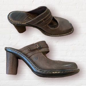 Born Mary Jane Brown Leather Heeled Mules Woodgrain Bottom Women’s Shoes-size 9